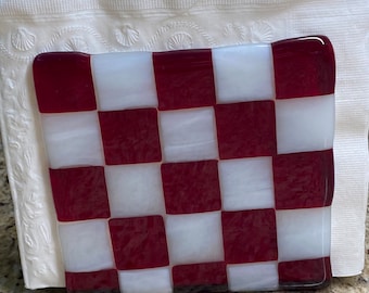 Slumped red & white checkerboard fused glass art napkin holder