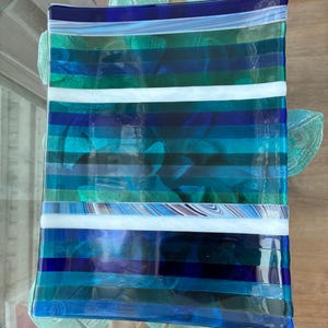 Large Fused glass art Coastal blue green serving platter plate dish