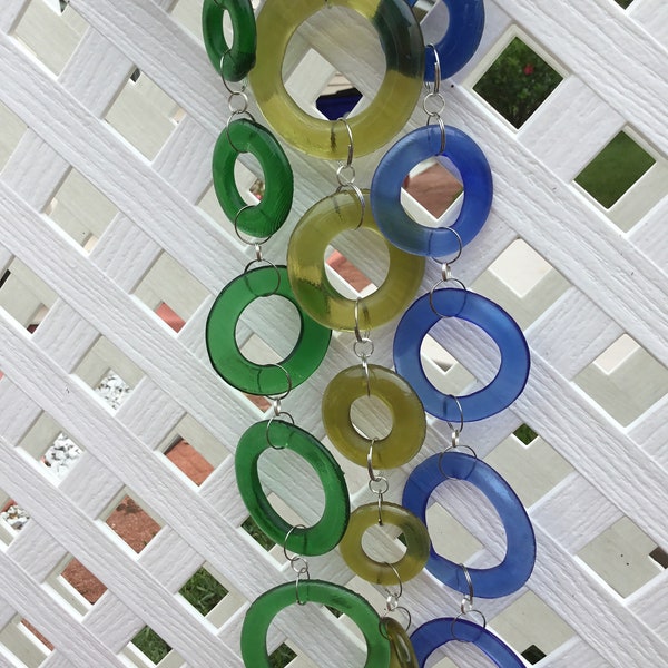 BLue GReen YELLOW clear GLASS rings wind chime/windchime recycled bottle rings driftwood