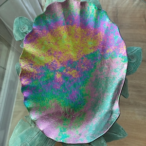 Large Fused glass art coastal iridescent black pearl sea shell serving plate platter dish tray charcuterie