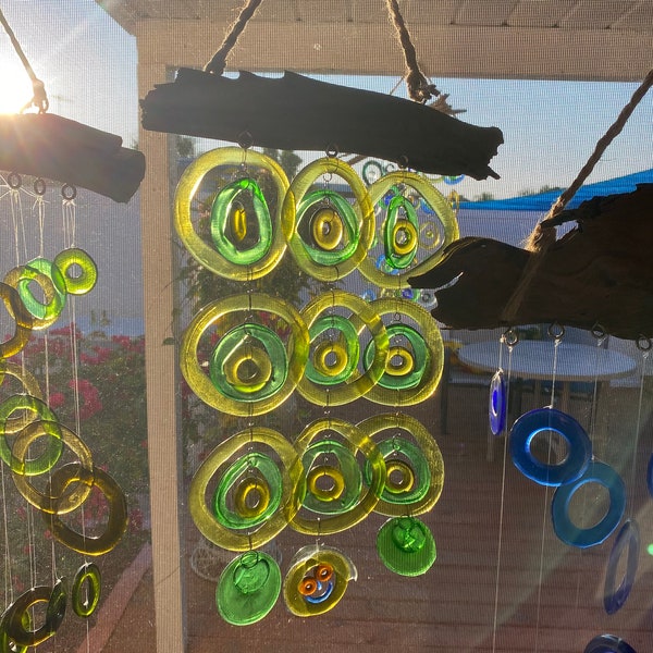 GLASS rings wind chime/windchime recycled bottle rings driftwood artform Golden