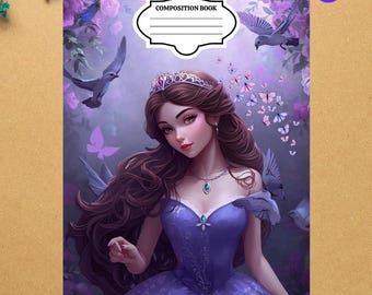 Cuaderno de composición de princesas: diario morado de cuentos de hadas para niñas