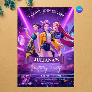 May include: A vibrant invitation for Juliana's birthday party. The design features three animated figures in stylish outfits against a purple and pink cityscape. The invitation includes the date, time, location, and RSVP information.