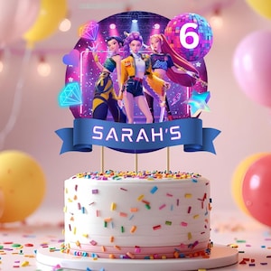 Topo de bolo de aniversário editável com tema K-pop Demon Hunters | Decoração de festa Huntrix | Topo de bolo com tema K-pop editável, decoração de aniversário, download instantâneo