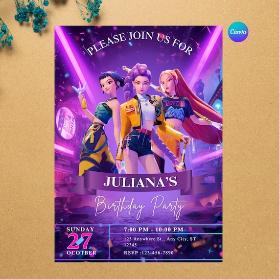 K Pop Demon Hunters Birthday Invitation | Anime Printable Invite