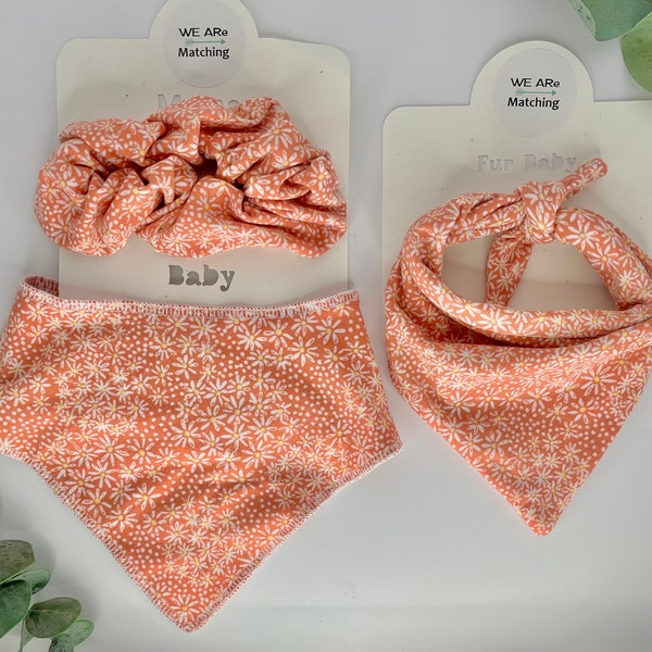 Correspondant bébé+maman+chien | Bavoir + Bandana pour chien + Scrunchie| Bandana pour chien à nouer| Le bavoir s’adapte du nouveau-né au tout-petit| Cadeau parfait pour une fête prénatale.