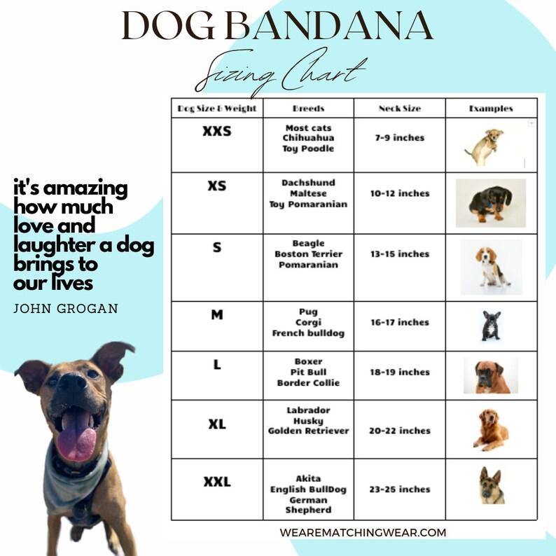 以下が含まれることがあります： 犬用バンダナのサイズを示すチャートで、犬種とその首周りのサイズ（インチ）の例が示されています。チャートには、XXSからXXLまでのサイズが含まれています。チャートの左上には、「it's amazing how much love and laughter a dog brings to our lives」というテキストがあります。テキスト「JOHN GROGAN」はテキストの下にあります。