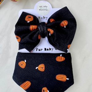 Halloween baby bow + dog bandana| Glitter Jack-O-Lantern| tie-on dog bandana and head wrap baby bow| Handmade| Soft, cozy, sized to fit