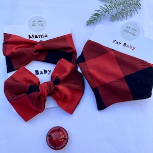 Matching Christmas Baby Bow + Dog Bandana + Knotted Headband for Mom| Handmade with soft fabric| Baby Christmas gift| Sized to fit