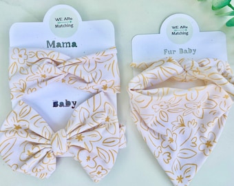 Lazo de bebé a juego + Bandana para perros + Diadema anudada para mamá/ Hecho a mano con tela suave/ Regalo de baby shower/ Tamaño para adaptarse