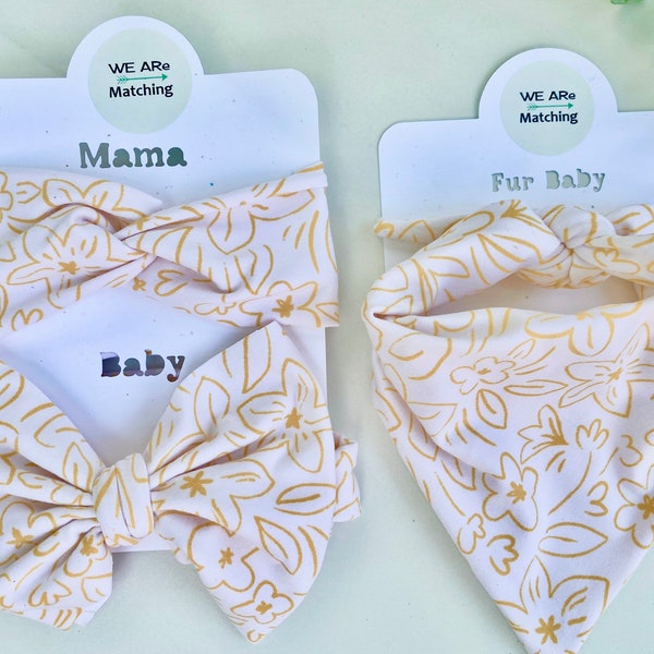 Noeud bébé assorti + bandana pour chien + serre-tête noué pour maman | Fait main avec un tissu doux | Cadeau baby shower | Taille adaptée