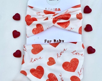 Matching Love Dog Bandana + Knotted Headband for dog mom| Match your dog| tie-on dog bandana| Add a Matching Bow Tie for dad or baby