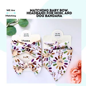 Matching Baby Bow + Dog Bandana + Knotted Headband for Mom| Handmade with soft fabric| Baby Shower gift| Sized to fit