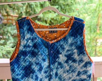 Repurposed Quilted Vest Size with Cyanotype Print XL