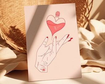 Impresión digital de mano de bruja femenina, cartel de poción de amor, decoración de habitación estética rosa, arte de pared imprimible de moda, impresión de arte de líneas