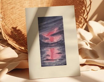 Moody Thunderstorm Art Print, Abstract Watercolor Print, Purple Clouds Painting, Stormy Weather Wall Art, Pink Lightning Bolt Póster