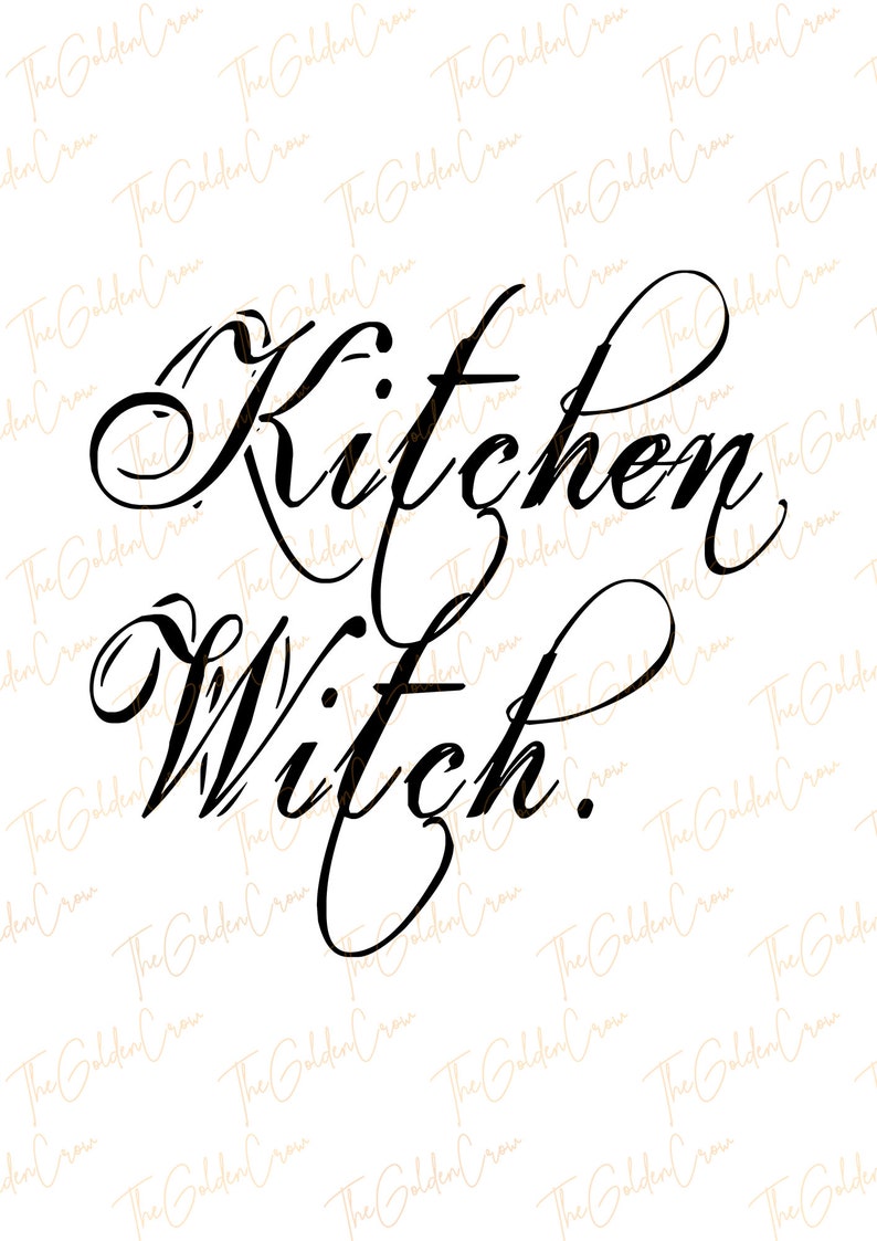 Puede incluir: Texto en cursiva en blanco y negro que dice "Kitchen Witch."