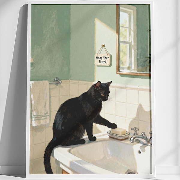 Black Cat Bathroom Wall Art Print, Vintage Style Sage Green Decor, Whimsical Cat at Sink, Powder Room or Laundry Room Instant Download