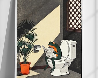Japanese Frog Print, Frog Bathroom Print, Hasui Kawase Art, Hiroaki Takahashi Style, Japanese Wall Art, Funny Bathroom Digital Wall Art