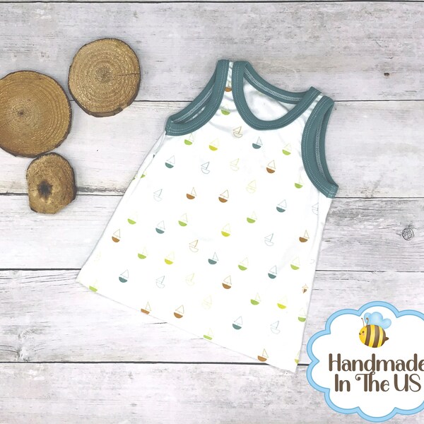 Organic Cotton Sailboat Tank Top, Ready to Ship , Baby & Toddler Summer Top, Boys and Baby Clothing, Sailboat Shirt, Ships Fast