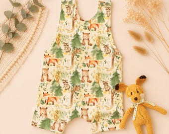 Organic Cotton Woodland Romper | Baby & Toddler Forest Outfit | Neutral Bear Fox Baby Romper | Gender Neutral Baby Clothes | Handmade
