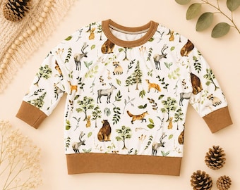 Woodland Animal Baby Top| Organic Cotton Forest Baby Pullover | Neutral Baby Clothes | Bear Fox Deer Toddler Shirt