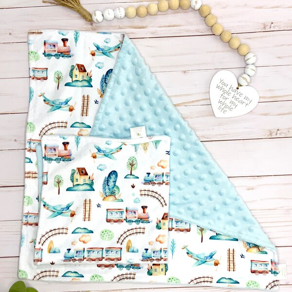 Minky Lovey & Burp Cloth Gift Set, Planes and Trains, Light Blue Minky, Baby Boy Snuggle Blanket Baby Shower Gift, Handmade, Ready to Ship