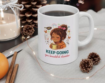 Keep Going Beautiful Black Woman Illustration Mug | Empowerment Floral Accent
