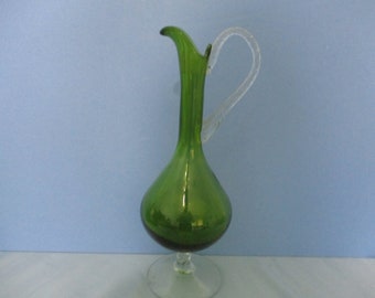 Empoli Mid Century Green Art Glass Pitcher Hand Applied Twisted Handle and Base