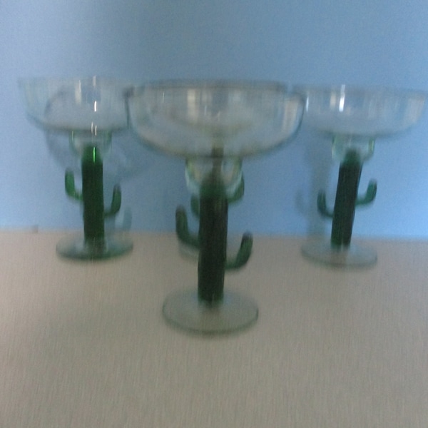 Vintage Hand Blown Seguro Cactus Stem Margarita Glasses, set of 4, Made in Mexico