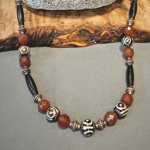 Carnelian Bead Strand: African Bone, Black Hairpipe, Brass Accents