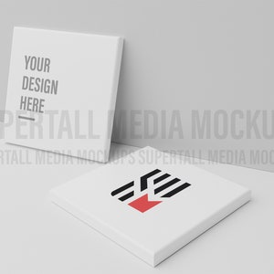 Könnte beinhalten: Zwei weiße quadratische Leinwände, eine mit dem Text "YOUR DESIGN HERE" und die andere mit einem schwarzen und roten geometrischen Logo.