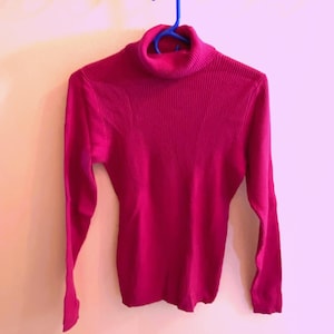 May include: A magenta turtleneck sweater hangs on a blue hanger. The ribbed knit sweater has long sleeves and a high neckline. The sweater is displayed against a light pink wall.