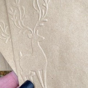 Un sacco di grandi sacchetti di carta kraft con cervi in rilievo per regali a sorpresa, banconote, biglietti per spettacoli.