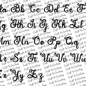 May include: A set of 26 black cursive alphabet letters with a decorative flourish. Each letter is individually cut out and ready to be used for crafting projects.