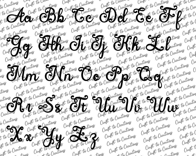 May include: A set of 26 black cursive alphabet letters with a decorative flourish. Each letter is individually cut out and ready to be used for crafting projects.