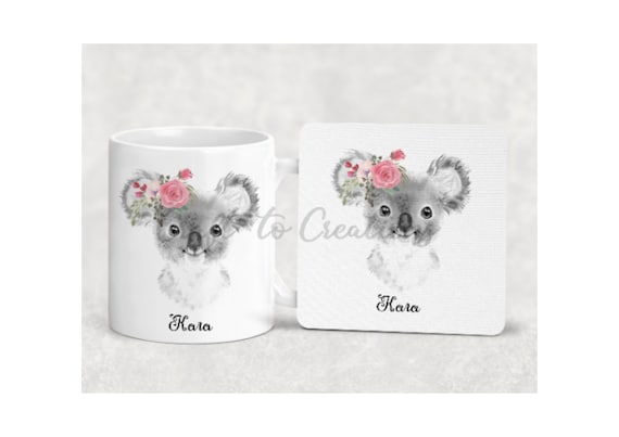 Koala Mug, Coaster, both Personalisable, your name on a mug with a matching coaster, great cute gift present or treat for yourself