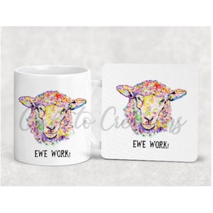 Ewe sheep Mug, mug and coaster, 4 fonts to choose from, Personalised with name is optinal, great cute gift present or treat for yourself