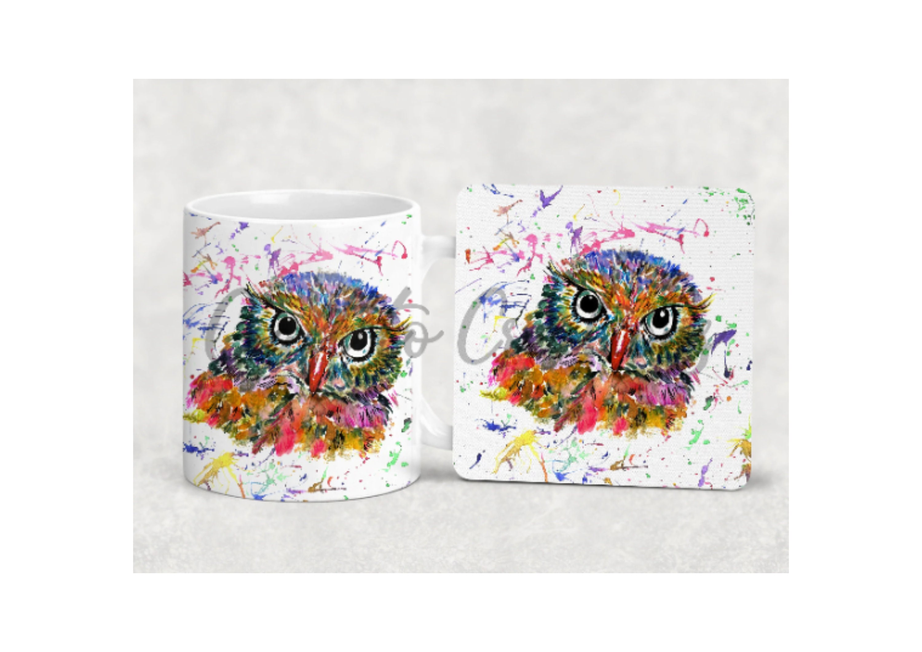 Owl Mug, coaster, both, 9 backgrounds  to choose from, Owl is a great cute gift present or treat for
