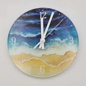 Beach scene glass wall clock, kitchen clock, beach wall clock, sand clock, sea fan clock, sea clock gift for kitchen, sea gift for home