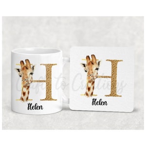 Giraffe Alphabet Mug/coaster, both, 4 fonts to choose from, Personalised with name is optional, great cute gift present or treat yourself