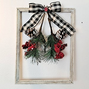 Christmas wall decor, winter decor, upcycled frame, Christmas greenery, black and white
