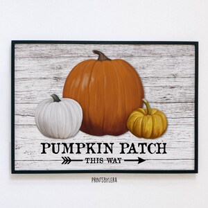 May include: A whitewashed wood sign with a black frame features a large orange pumpkin, a smaller white pumpkin, and a small yellow pumpkin. The sign reads "Pumpkin Patch - This Way" with a black arrow pointing to the right.