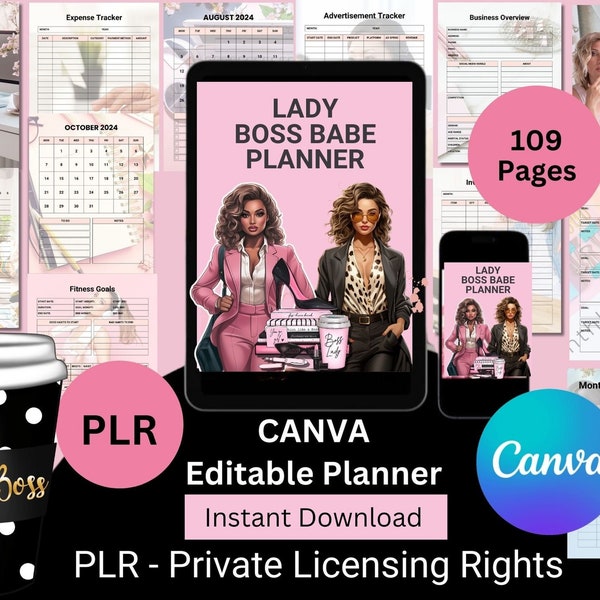 PLR Planner Lady Boss Babe Editable Canva ebook Planner Manifest Self Care Planner PLR Resell White Label Done For You Digital Girl Planner