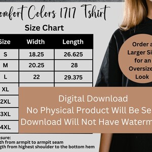 Comfort Colors C1717 TShirt Size Chart | Unisex Tshirt Size Chart | Model Mockup Sizing | 1717 Mock Ups | Comfort Color Size Chart US Inches