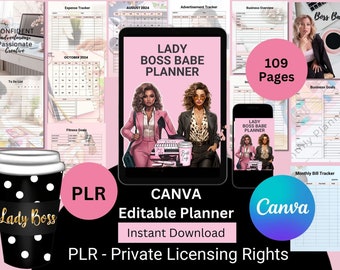 Planificador PLR Lady Boss Babe, ebook editable de Canva, Planificador de autocuidado, Planificador PLR de reventa, Marca blanca, Planificador digital listo para usar para chica