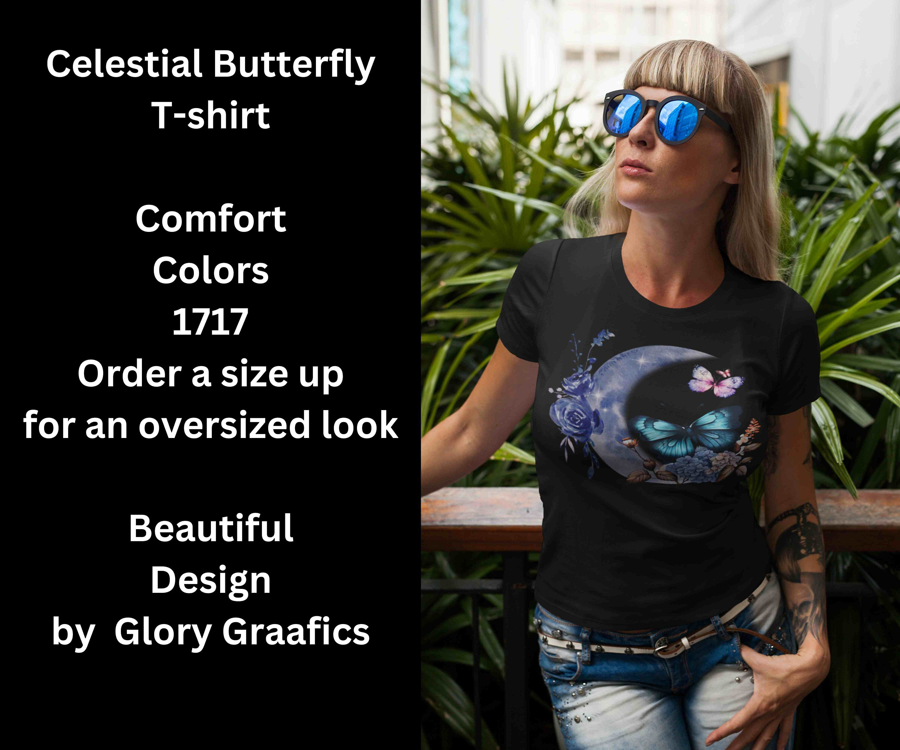 Celestial Flower Butterfly T Shirt Moon Graphic Tee Blue Butterfly