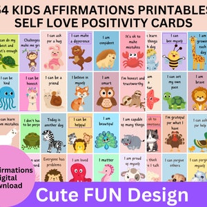 Positive Affirmationen für Kinder Motivationspaket mit 54 bunten Ausdrucken mit Tieren Geschenk für Kinder Lesen und Entwickeln Selbstliebe Pflege