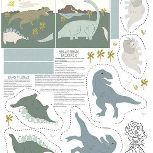May include: A printable sewing pattern for making dinosaur-themed pillows and a drawstring backpack. The pattern includes instructions for making a stegosaurus, a triceratops, a brachiosaurus, and a T-Rex. The pattern also includes a volcano and palm trees.
