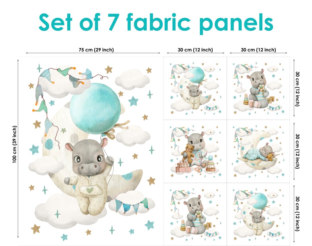 Hippo Set of 7 Fabric Panels Quilting Fabric Set Sewing Etsy